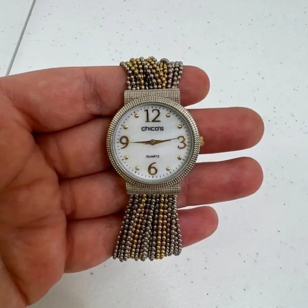Chicos‎ Watch Chain Multi Strand Mixed Metal Gold Silver Tone Big Face White